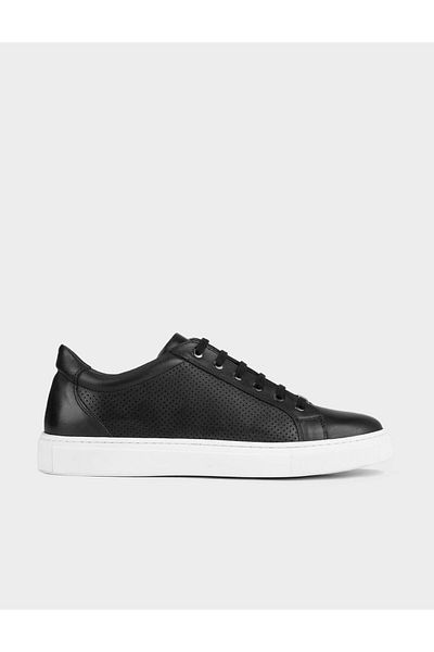 Cabani White Sole Genuine Leather Black Lace-Up Men's Sports Shoes
