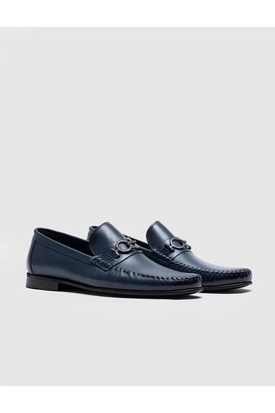 Cabani Genuine Leather Navy Blue Buckle Men's Classic Shoes
