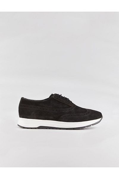 Cabani White Sole Genuine Leather Black Suede Lace-Up Men's Casual Shoes