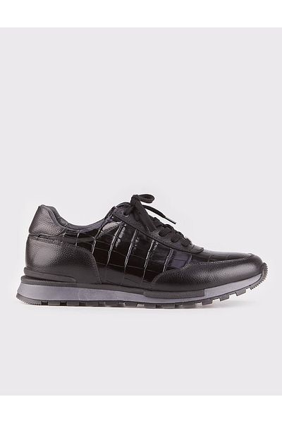 Cabani Genuine Leather Black Lace-Up Special Motif Printed Men's Sports Shoes