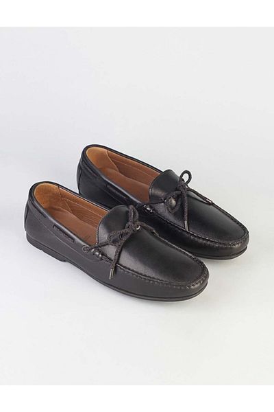 Cabani Genuine Leather Black Men's Loafer with Bow and Stitching Detail