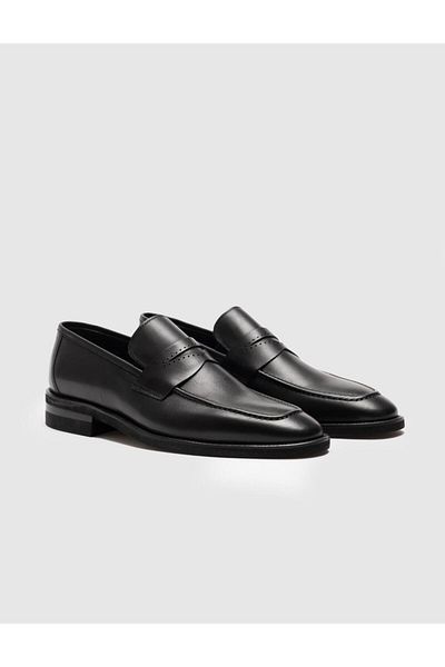 Cabani Genuine Leather Black Classic Men's Shoes with Belt Detail