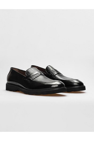 Cabani Genuine Leather Black Crocodile Belt Detailed Men's Classic Shoes