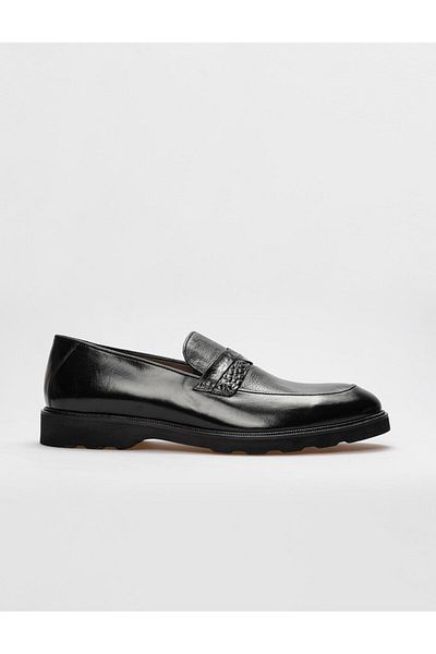 Cabani Genuine Leather Black Crocodile Belt Detailed Men's Classic Shoes