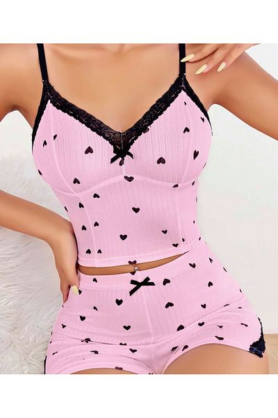 TİSTA Pantaloni scurți din bumbac pieptănat, roz, negru, cu fundă, set cămașă de noapte