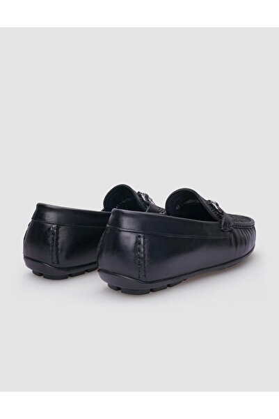 Cabani %100 Hakiki Deri Siyah Örgü Detaylı Erkek Loafer