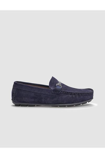 Cabani Genuine Leather Navy Blue Suede Buckle Men's Loafer