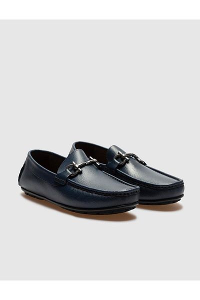 Cabani Buckle Detailed Genuine Leather Navy Blue Men's Loafer Shoes