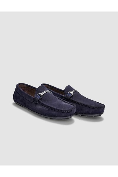 Cabani Genuine Leather Navy Blue Suede Buckle Men's Loafer
