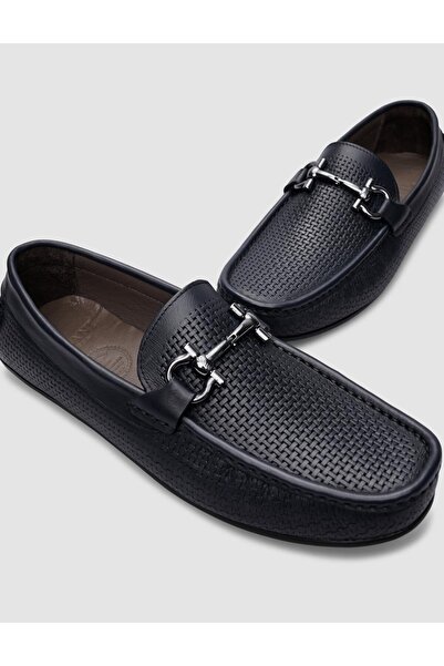 Cabani Navy Blue Knit Patterned 100% Genuine Leather Men's Loafer