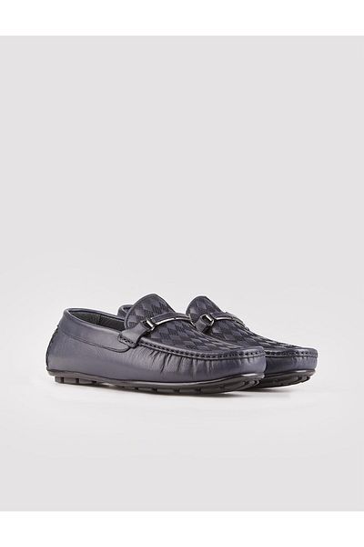 Cabani Diamond Patterned Genuine Leather Navy Blue Men's Loafer