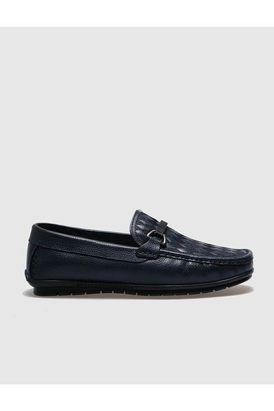 Cabani Genuine Leather Navy Blue Fur Men's Loafer