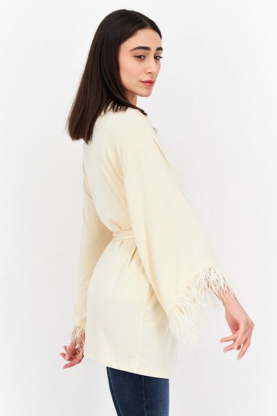 Weworewhat Women Open Front Long Sleeve Feathers Casual Blazer, Ivory
