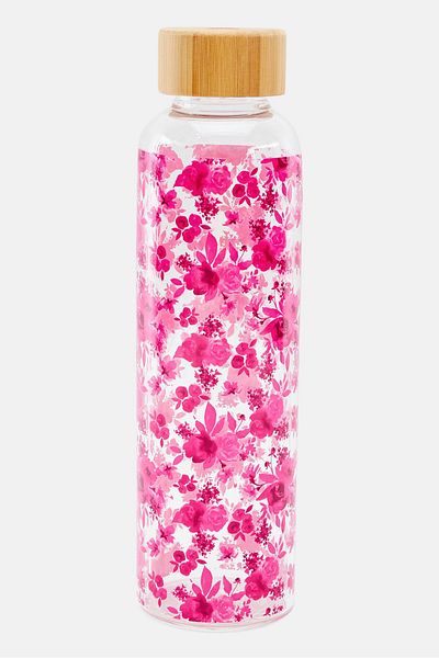 Apana Floral Printed Glass Water Bottle 560 Ml, Pink/transparent