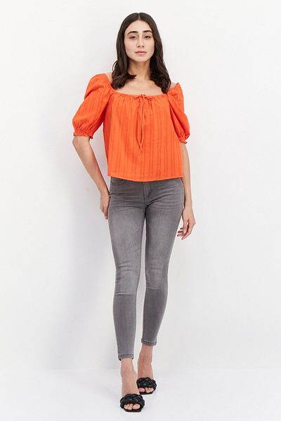 Sanctuary Women Square Neck Puffed Sleeve Crop Top, Red