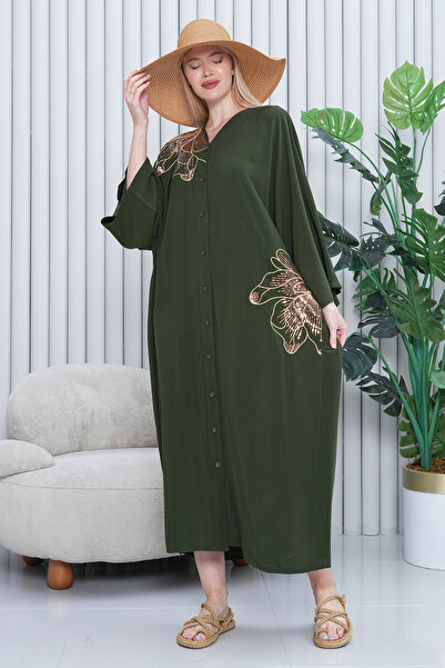 BeyzaBayram Kadın Haki Pul Payetli Büyük Beden Düğmeli Viskon Gömlek Elbise A2038