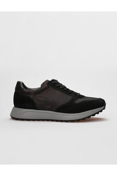 Cabani Genuine Leather Black Camouflage Lace-Up Men's Sports Shoes