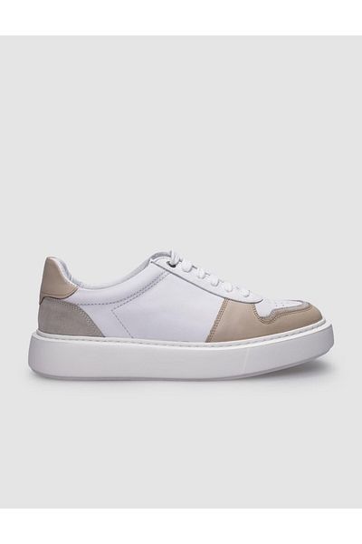 Cabani Men's Sneakers - 100% Genuine Leather, White, Beige Lace-up