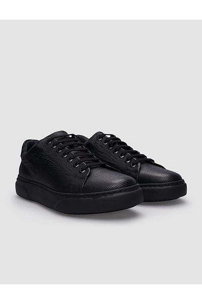Cabani Black Patterned 100% Genuine Leather Men's Sports Shoes - Lace-up