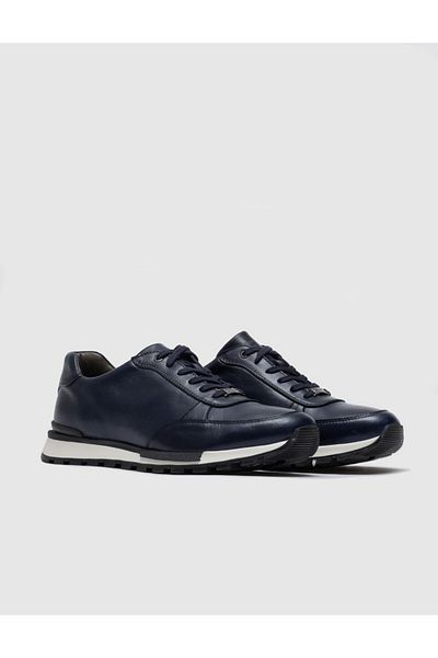 Cabani Navy Blue Genuine Leather Lace-Up Men's Sports Shoes