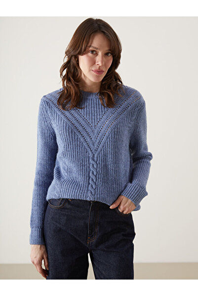 LC Waikiki Blue Crew Neck Lace-Like Knit Women's Knitwear Sweater
