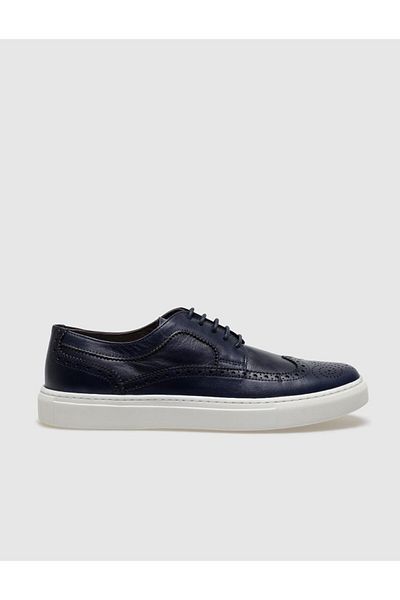 Cabani Genuine Leather Navy Blue Lace-Up Men's Sports Shoes