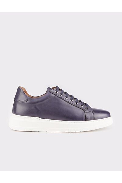 Cabani Men's White Sole Genuine Leather Navy Blue Lace-up Sneakers