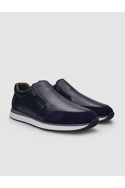 Cabani Navy Blue Zippered 100% Genuine Leather Men's Sneakers