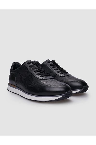 Cabani Black Patterned 100% Genuine Leather Men's Sneakers - Lace-up