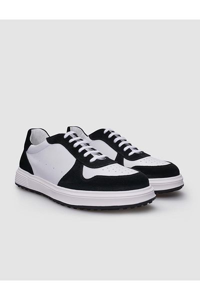 Cabani Men's Sneakers - 100% Genuine Leather, White and Black Lace-up