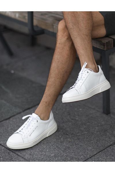Cabani Genuine Leather White Lace-Up Men's Sports Shoes