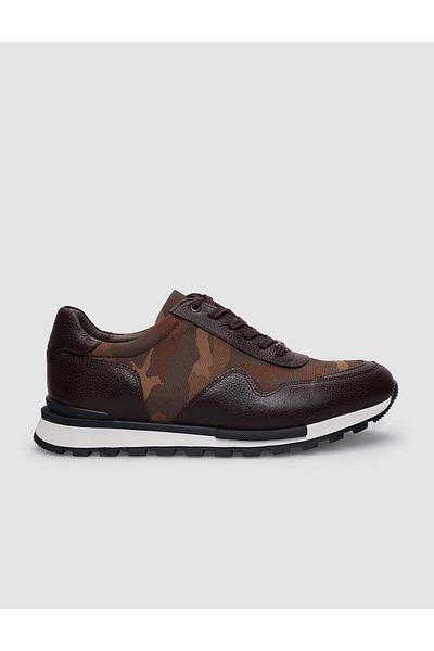 Cabani Men's Sneakers - 100% Genuine Leather, Brown, Lace-up and Camouflage Pattern