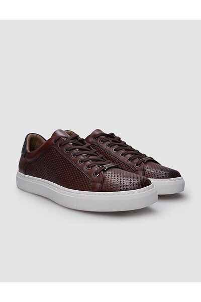 Cabani Men's Sneakers - 100% Genuine Leather, Brown, Lace-up and Patterned
