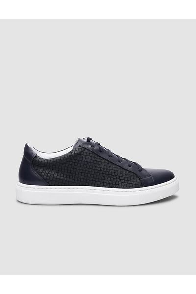 Cabani Navy Blue Square Patterned 100% Genuine Leather Men's Sneakers - Lace-up