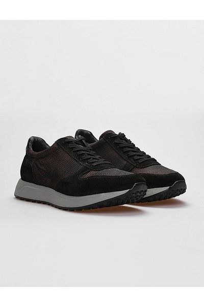 Cabani Genuine Leather Black Camouflage Lace-Up Men's Sports Shoes