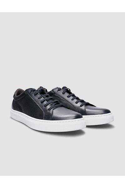 Cabani Navy Blue Lace-up 100% Genuine Leather Men's Sneakers