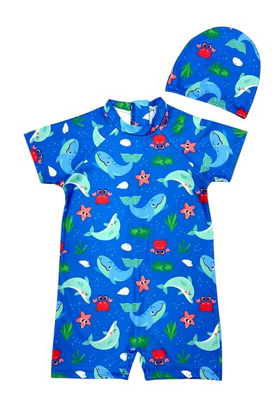 Lolliboomkids Costum de baie pentru copii cu mânecă scurtă pentru piele sensibilă, protecție solară, cu temă submarină