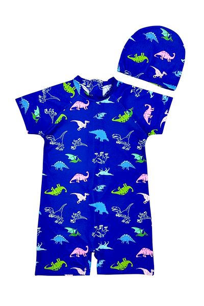 Lolliboomkids Boy's Short Sleeve Sensitive Skin Sun Protection Dinosaur Theme Swimsuit Bonnet Set
