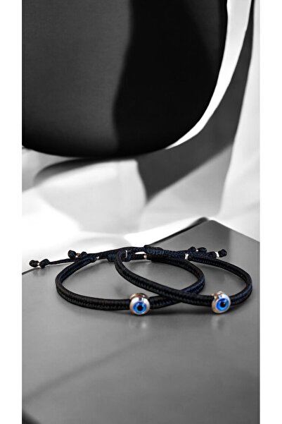 Bensei Takı Dükkanı Bensei Sevgili Bilekliği , 2'li Set, Rodyum Kaplama Nazar Boncuklu Tezgah Dokuma Çift Bileklik