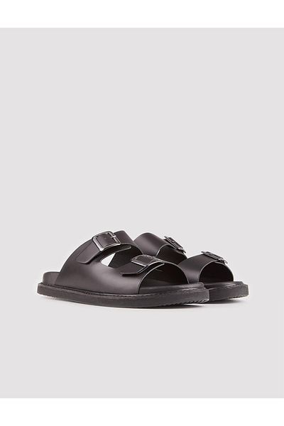 Cabani Genuine Leather Belted Black Men's Slippers