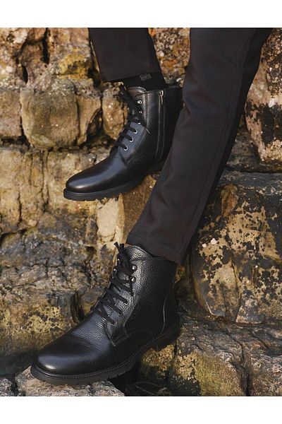 Cabani Genuine Leather Black Men's Lace-up Casual Boots