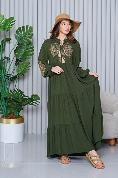 BeyzaBayram Women's Khaki Sequined Plus Size Viscose Long Dress A2065