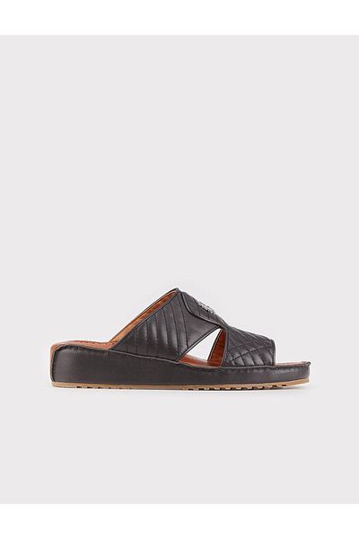 Cabani Men's Genuine Leather Black Slippers with Rosette Accessories