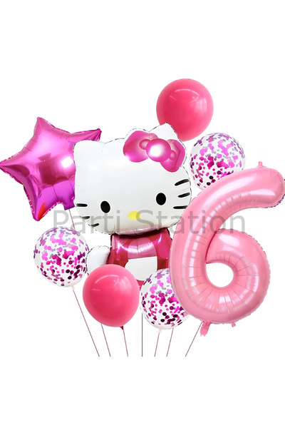 Parti Station Hello Kitty 6 Yaş Balon Set Yıldız Balon Folyo Set Konsept Doğum Günü Set Yaş Balon Set