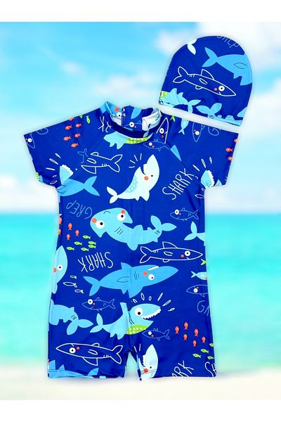Lolliboomkids Costum de baie pentru băiat cu mânecă scurtă pentru piele sensibilă, protecție solară, cu temă de pește