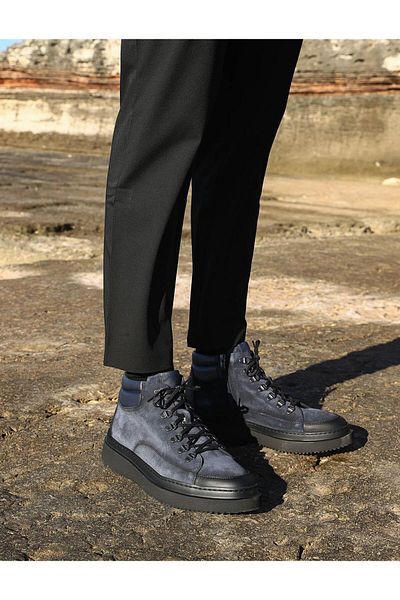 Cabani Genuine Leather Navy Blue Lace-Up Men's Zippered Casual Boots