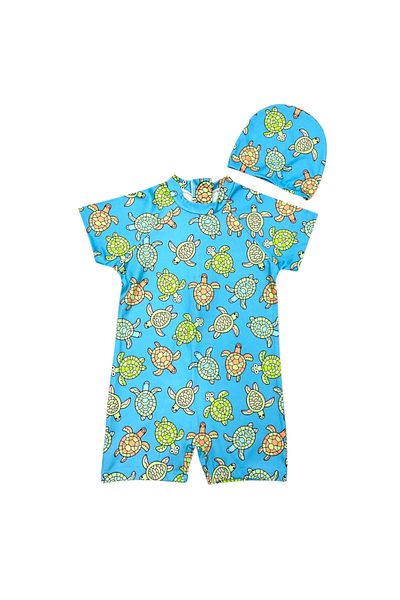 Lolliboomkids Children's Short Sleeve Sensitive Skin Sun Protection Cute Turtle Theme Swimsuit Bonnet Suit