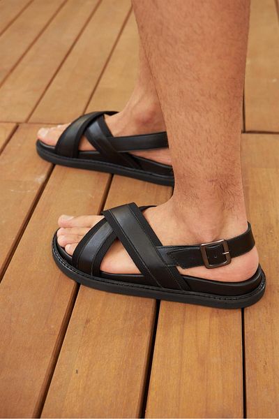 Cabani Men's Genuine Leather Black Sandals with Ankle Belt