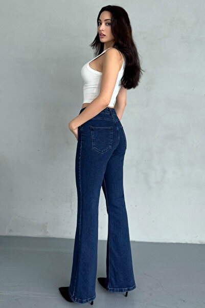 kleshus Γυναικείο παντελόνι Kles Navy Blue με φαρδύ πόδι από Lycra τζιν
