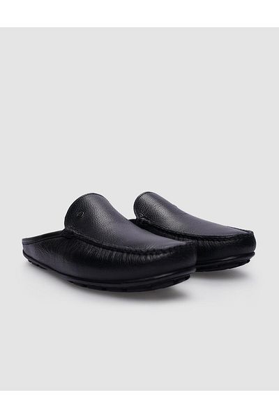 Cabani Black Genuine Leather Men's Casual Slippers